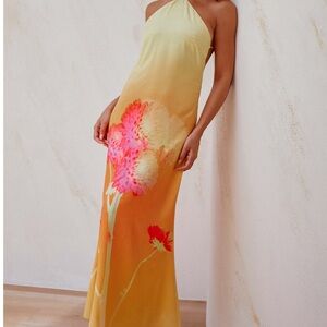 Peppermayo Yellow to Orange Gradient Floral Halter Maxi Dress with Pink Accents